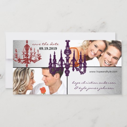Silver Damask Chandelier Red & Plum Save the Date (Vorderseite)