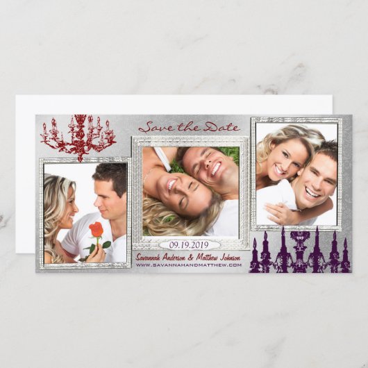 Silver Damask Chandelier Red & Plum Save the Date (Vorne/Hinten)