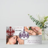 Silver Damask Chandelier Save the Date Foto (Stehend Vorderseite)