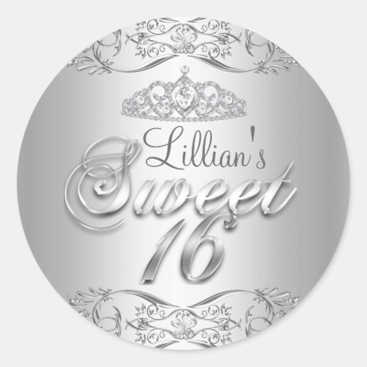 Silver Damask & Diamond Tiara Sweet 16 Sticker (Vorderseite)
