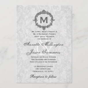 Silver Damask Graue Vintage Frame Monogramm-Hochze Einladung
