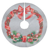 Silver Damask mit Weihnachtskranz Polyester Weihnachtsbaumdecke (Vorderseite)