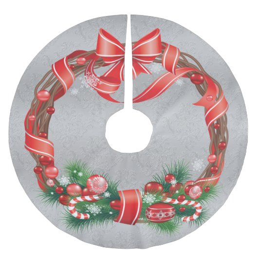 Silver Damask mit Weihnachtskranz Polyester Weihnachtsbaumdecke (Vorderseite)