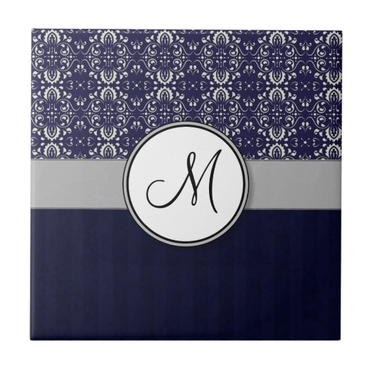 Silver Damask on Blue with Stripes and Monogram Fliese (Vorderseite)