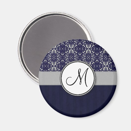 Silver Damask on Blue with Stripes and Monogram Magnet (Vorderseite/Rückseite)