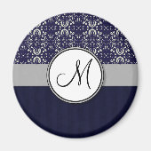 Silver Damask on Blue with Stripes and Monogram Magnet (Vorne)