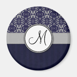 Silver Damask on Blue with Stripes and Monogram Magnet