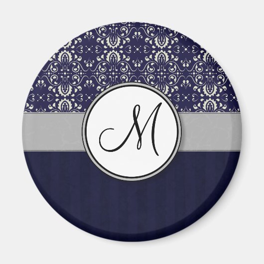 Silver Damask on Blue with Stripes and Monogram Magnet (Vorne)