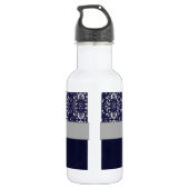 Silver Damask on Blue with Stripes and Monogram Trinkflasche (Rückseite)