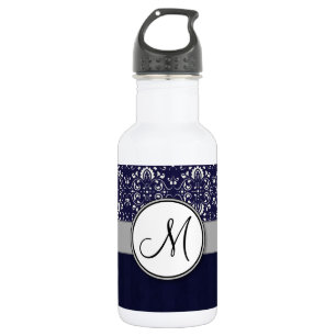 Silver Damask on Blue with Stripes and Monogram Trinkflasche