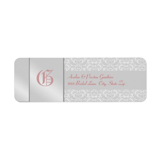 Silver Damask Pink Monogram Wedeladresse Label (Vorne)