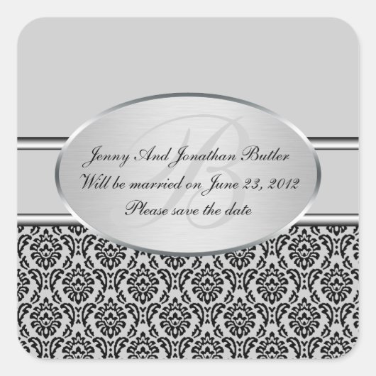 Silver Damask Save the Date Stickers (Vorderseite)