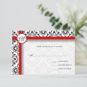 Silver Damask Side Borders Red Trim Wedding RSVP Karte (Stehend Vorderseite)