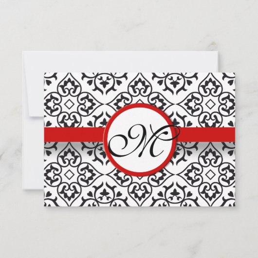 Silver Damask Side Borders Red Trim Wedding RSVP Karte (Rückseite)