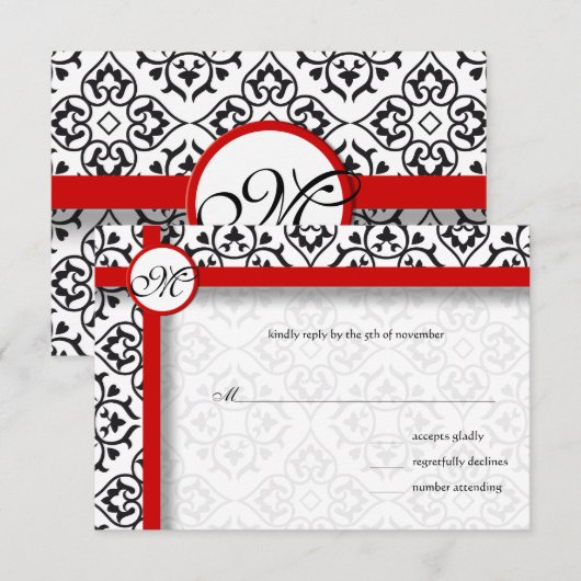 Silver Damask Side Borders Red Trim Wedding RSVP Karte (Vorne/Hinten)