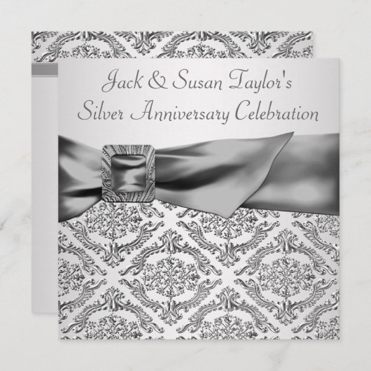 Silver Damask Silver 25-jähriges Party Einladung (Vorne/Hinten)