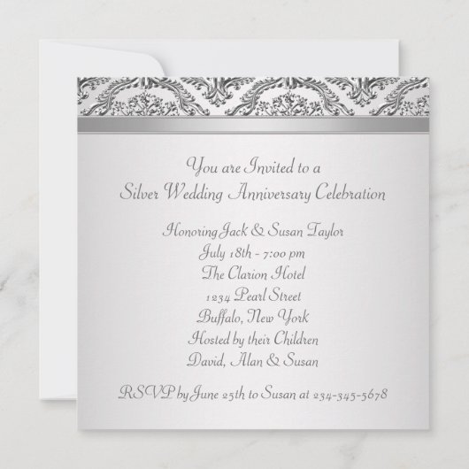 Silver Damask Silver 25-jähriges Party Einladung (Rückseite)