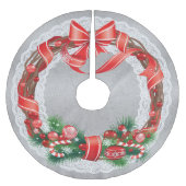 Silver Damask und Spitzen mit Weihnachtskranz Polyester Weihnachtsbaumdecke (Vorderseite)