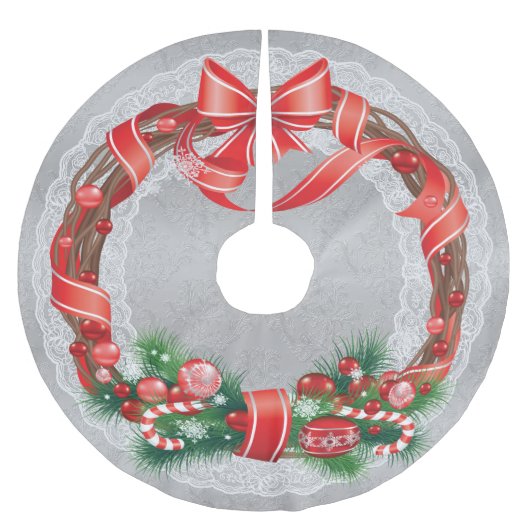 Silver Damask und Spitzen mit Weihnachtskranz Polyester Weihnachtsbaumdecke (Vorderseite)