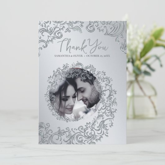 Silver Damask Wedding Danke Foto Card (Stehend Vorderseite)