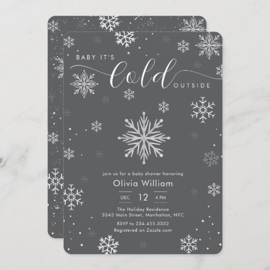 Silver Dark Grey Winter Snowflake Baby Shower  Einladung (Vorne/Hinten)