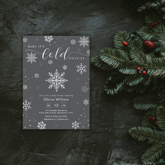 Silver Dark Grey Winter Snowflake Baby Shower  Einladung