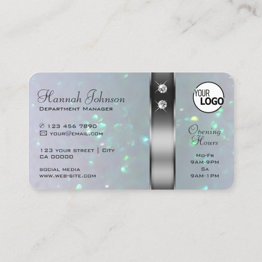 Silver Decor Light Blue Pearl Glitzer Logo Juwelen Visitenkarte (Rückseite)