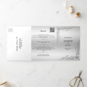 Silver Decoration QR Code Foto Wedding Dreifach Gefaltete Einladung