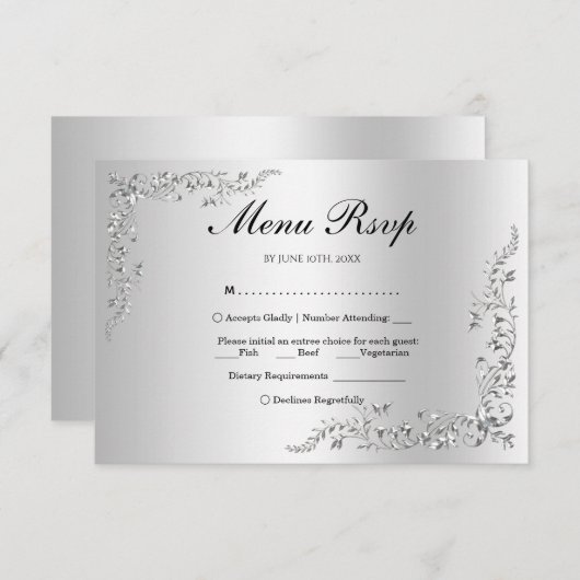 Silver Decoration Wedding Menu UAWG RSVP Karte (Vorne/Hinten)