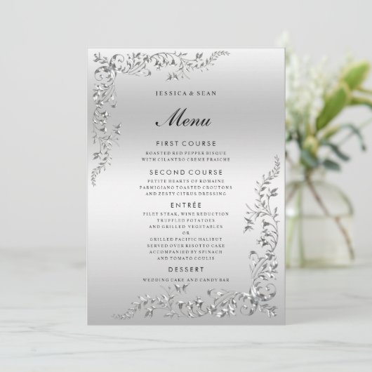 Silver Decoration Wedding Menükarte (Stehend Vorderseite)