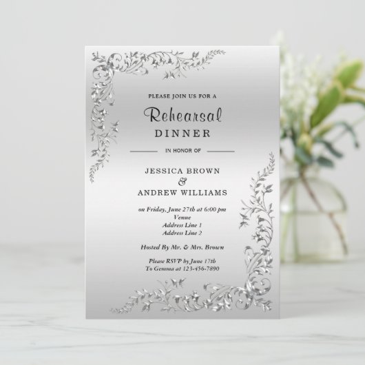 Silver Decoration Wedding Probe Dinner Einladung (Stehend Vorderseite)