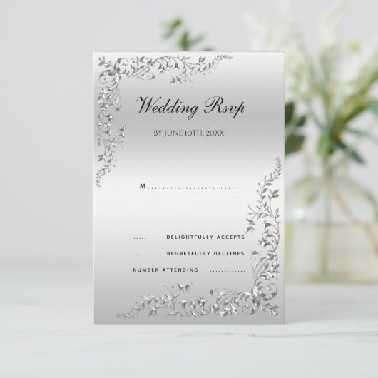 Silver Decoration Wedding RSVP Karte (Stehend Vorderseite)