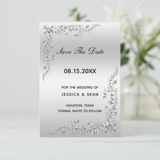 Silver Decoration Wedding Save The Date (Stehend Vorderseite)