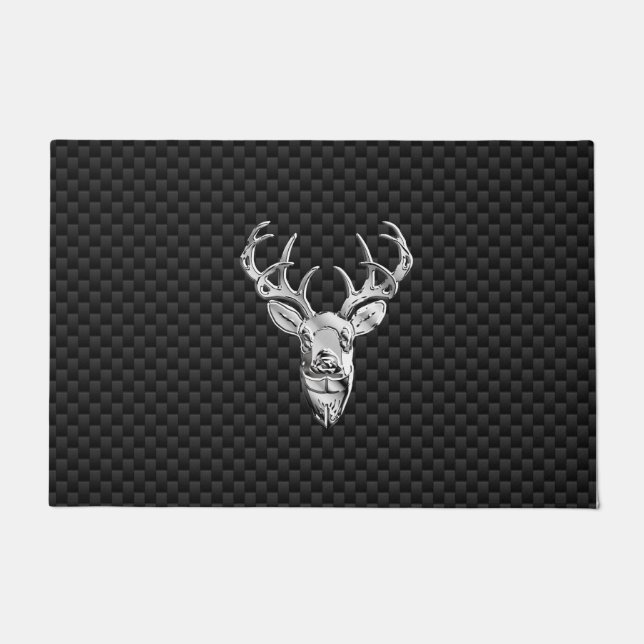 Silver Deer Buck on Carbon Fiber Style Print Fußmatte (Vorderseite)