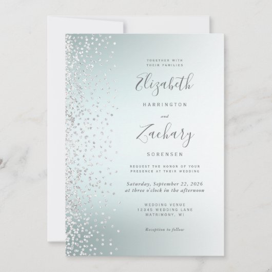 Silver Diamond Confetti Aqua Ombre Wedding Einladung (Vorderseite)