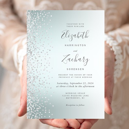 Silver Diamond Confetti Aqua Ombre Wedding Einladung