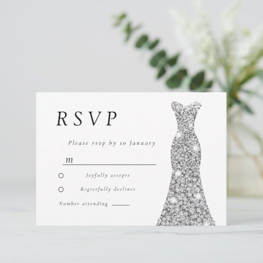 Silver Diamond Dress Bridal oder Birthday Party RSVP Karte (Stehend Vorderseite)