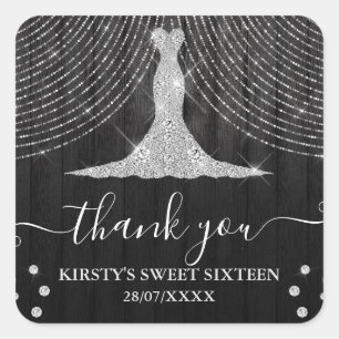 Silver Diamond Dress on Black Wood 16 . Geburtstag Quadratischer Aufkleber
