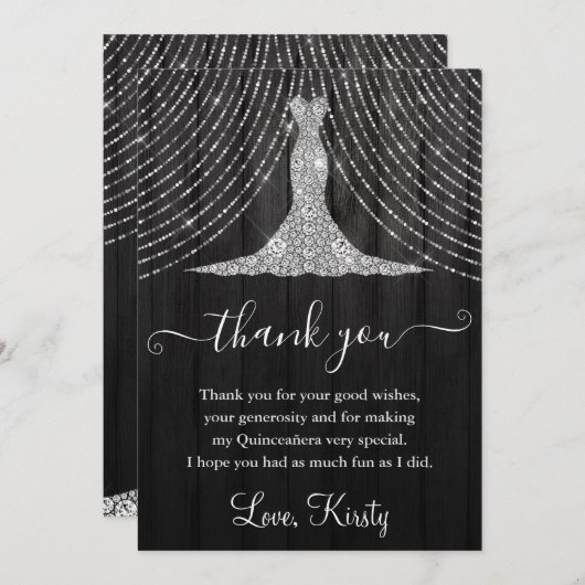 Silver Diamond Dress on Black Wood Quinceanera Dankeskarte (Vorne/Hinten)