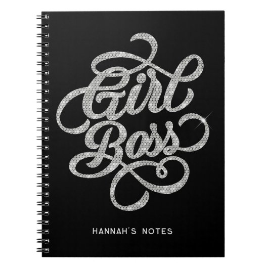 Silver Diamond Glam Girl Boss Typografie Black Notizblock (Vorderseite)