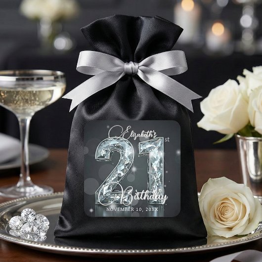 Silver Diamond Glamour Black 21st Birthday Party Quadratischer Aufkleber