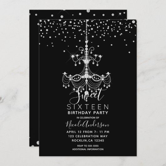 Silver Diamond Glitzer Chandelier Sweet 16 Party Einladung (Vorne/Hinten)