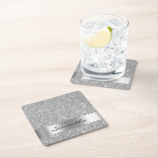 Silver Diamond Glitzer Look Bling Sparkle Rechteckiger Pappuntersetzer (Vor Ort)