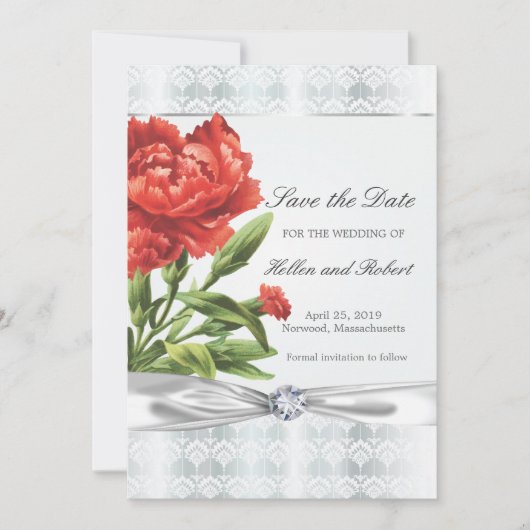 Silver Diamond & Red Blume Save the Date elegant (Vorderseite)