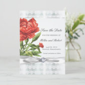 Silver Diamond & Red Blume Save the Date elegant (Stehend Vorderseite)