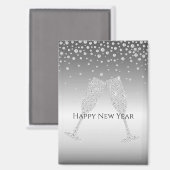 Silver Diamond Sparkle Champagne Glass New Year's Magnet (Vorderseite/Rückseite)