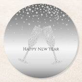 Silver Diamond Sparkle Champagne Glass New Year's Runder Pappuntersetzer (Vorderseite)