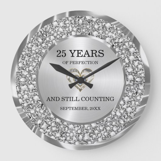 Silver Diamonds 25. Hochzeitstag Grosses Große Wanduhr (Vorderseite)