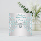 Silver Diamonds Aquamarin Blue Sweet 16 Geburtstag Einladung (Stehend Vorderseite)