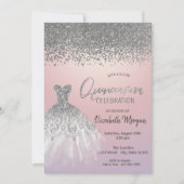 Silver Diamonds, Glitzer Dress Pink Quinceañera Einladung (Vorderseite)